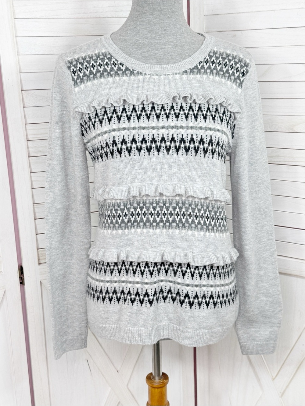 Talbots Fair Isle Ruffle Front Wool Blend Crewneck Sweater Grey Medium Cottage